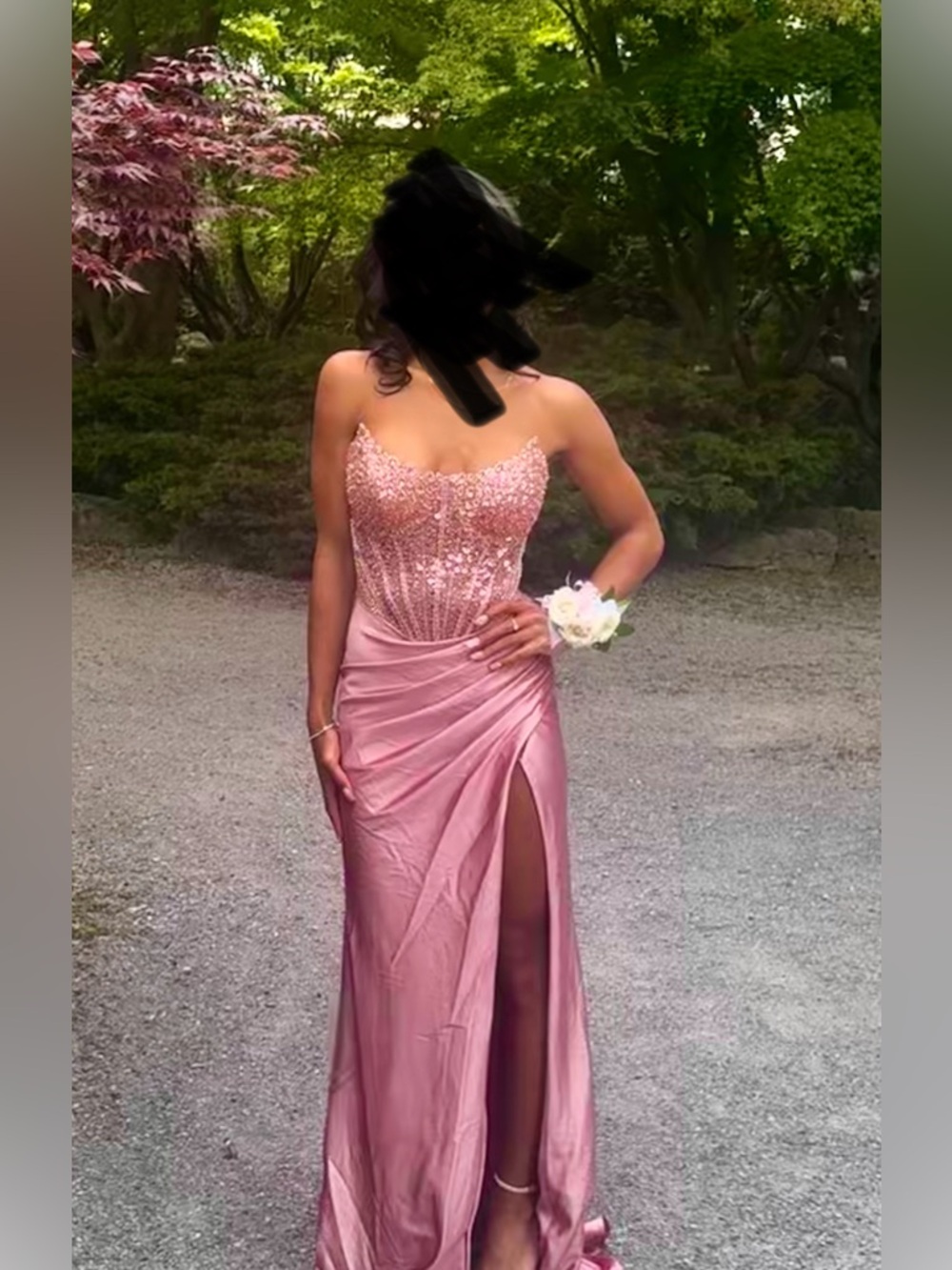 Prom Gown with High Slit Pink Sequin-Embellished Strapless